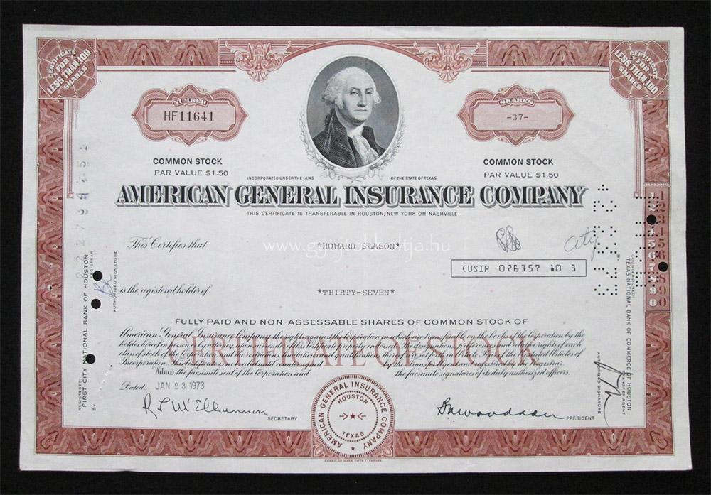 American General Insurance Company 37 r�szv�ny 1973 / biztos�t�s